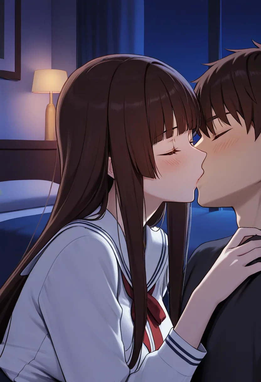 Story 2: Late Night Study — panel 6 — first kiss bedroom
