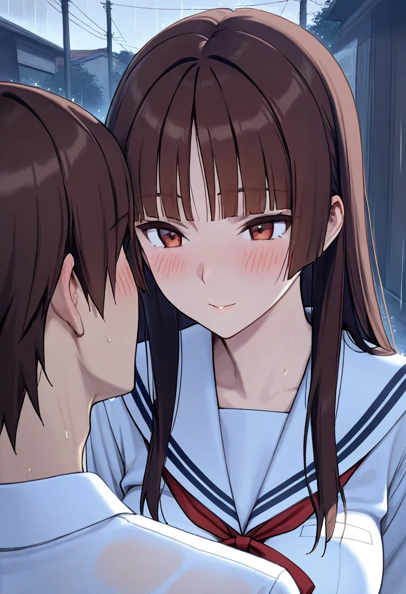 Story 5: Rainy Street Shelter — panel 4 — rainy street forehead touch