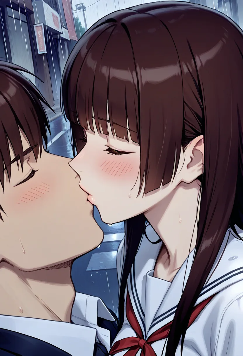 Story 5: Rainy Street Shelter — panel 5 — rainy street kiss