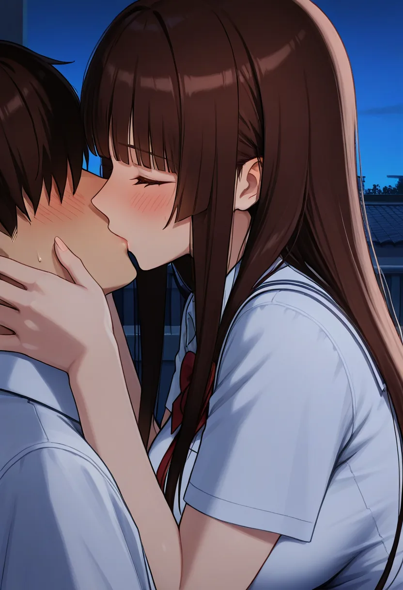 Story 10: Rooftop Sunset — panel 4 — first kiss