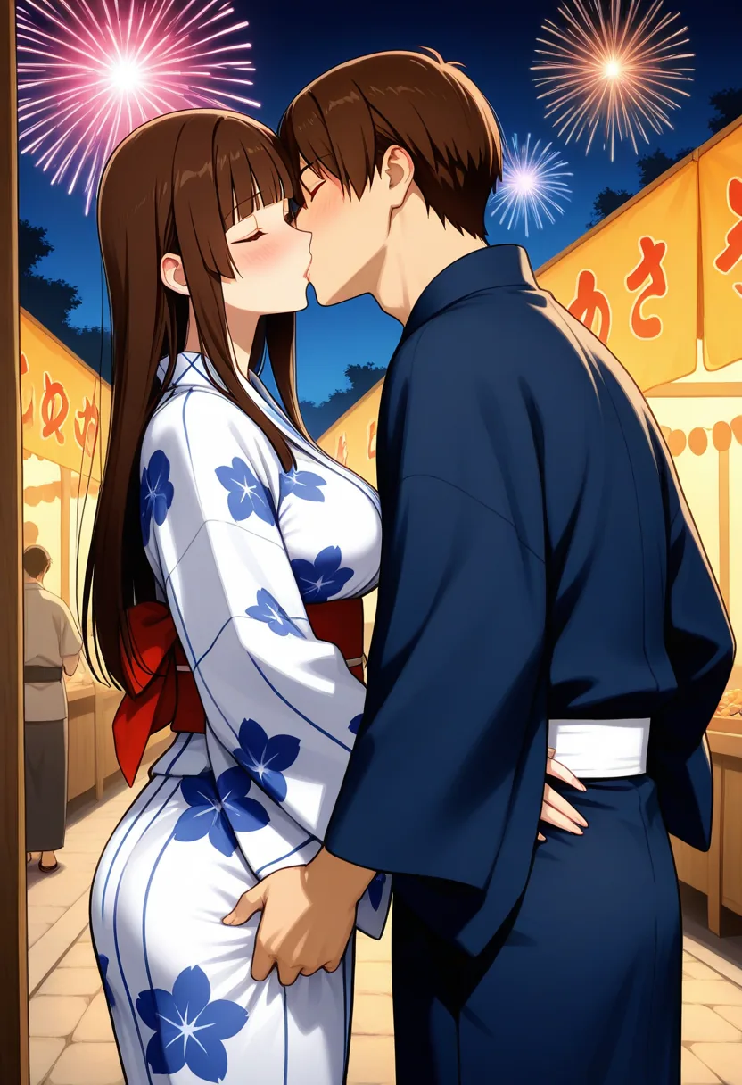 Story 14: Yukata Stroll — panel 5 — hidden kiss