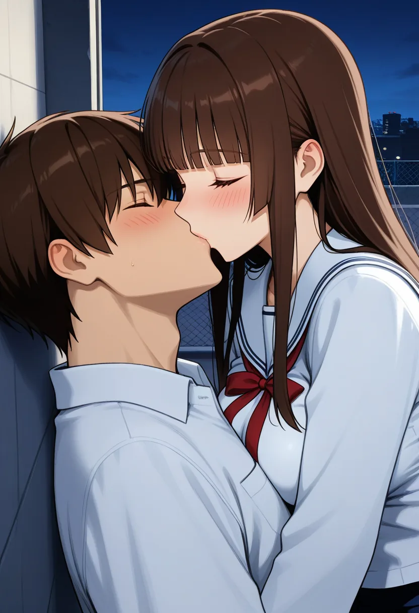 Story 16: Rooftop Night Studying — panel 5 — rooftop intimate kiss