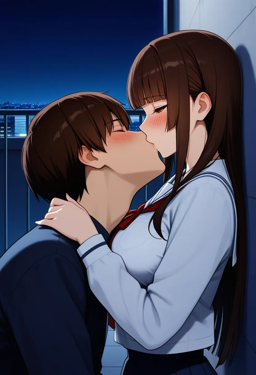 Story 19: Rooftop Study Session — panel 5 — first kiss against wall