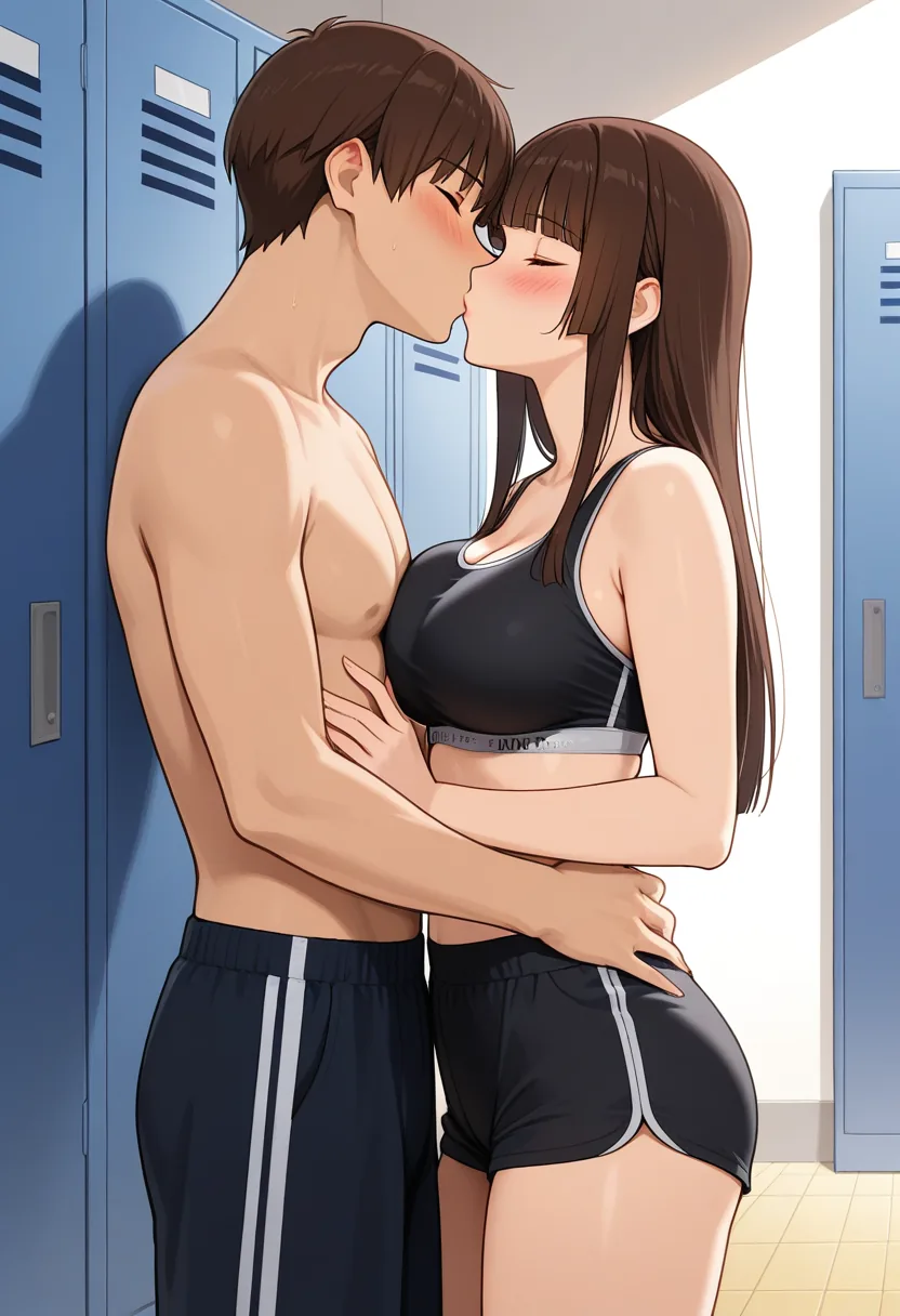 Story 21: Changing After Practice — panel 5 — close kiss by lockers