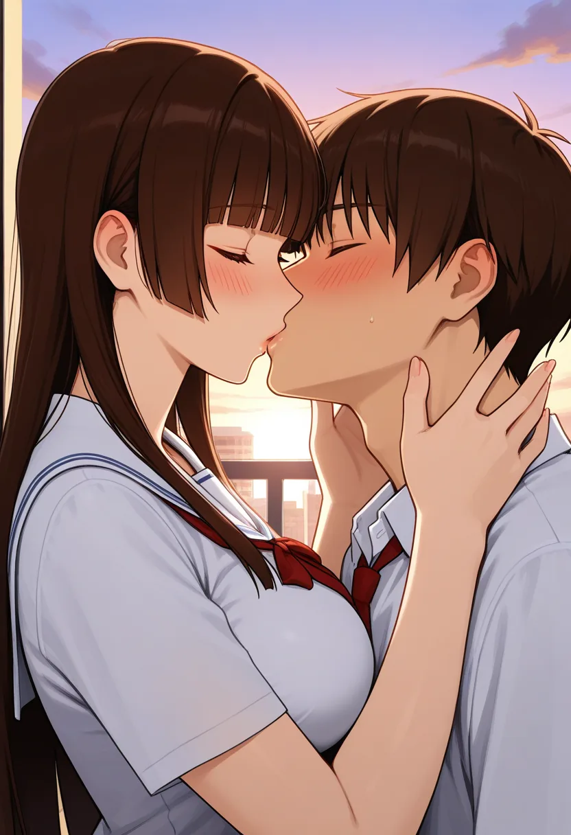 Story 22: Rooftop Sunset Talking — panel 3 — rooftop kiss gentle
