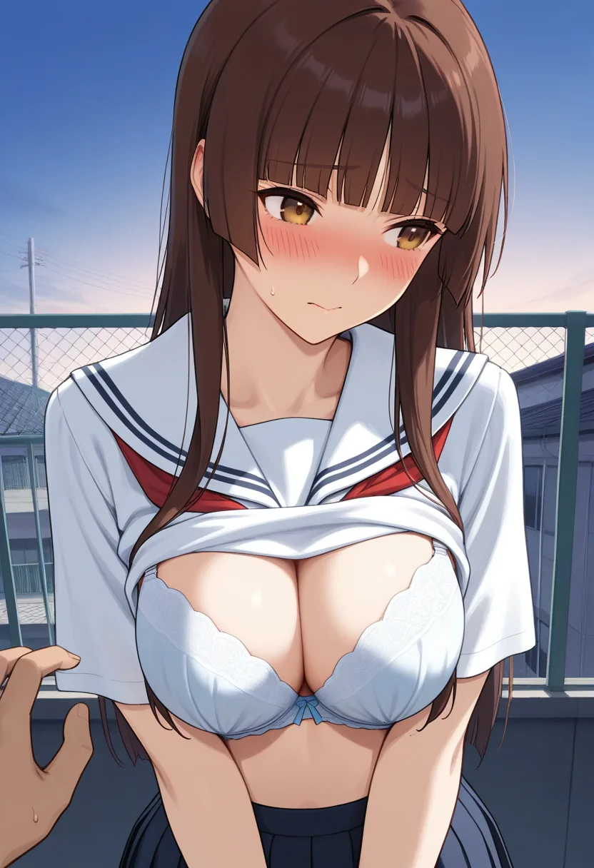 Story 25: Rooftop Sunset — panel 5 — removing uniform top
