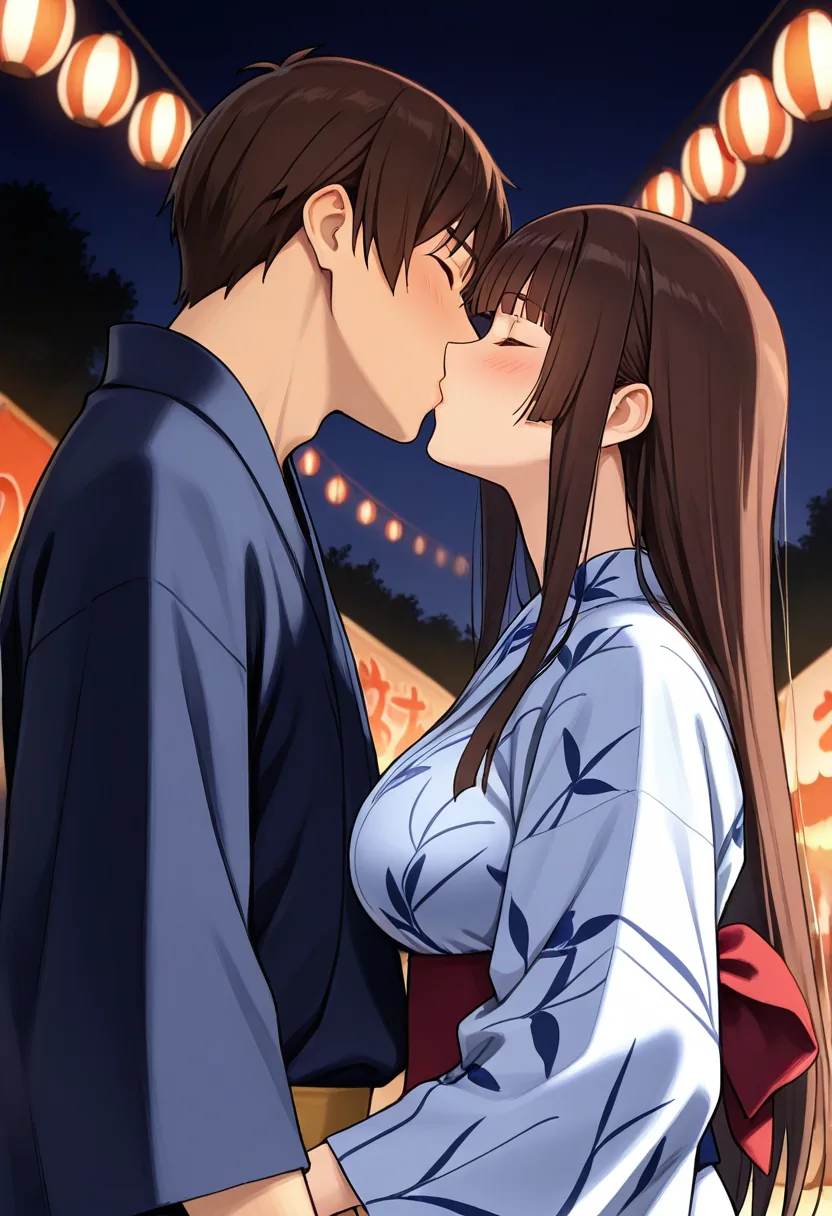 Story 30: Yukata At Festival — panel 3 — kiss under umbrella