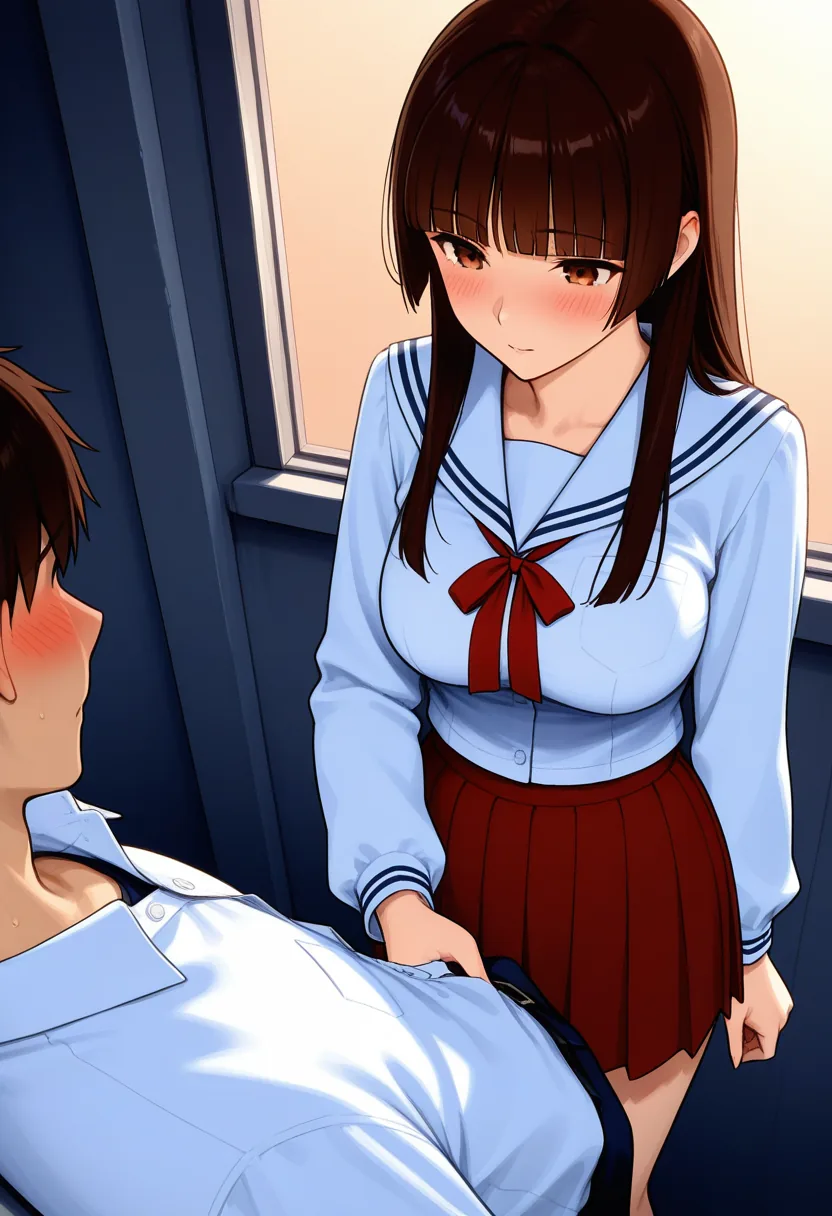 Story 34: Rooftop After School — panel 3 — releasing uniform top