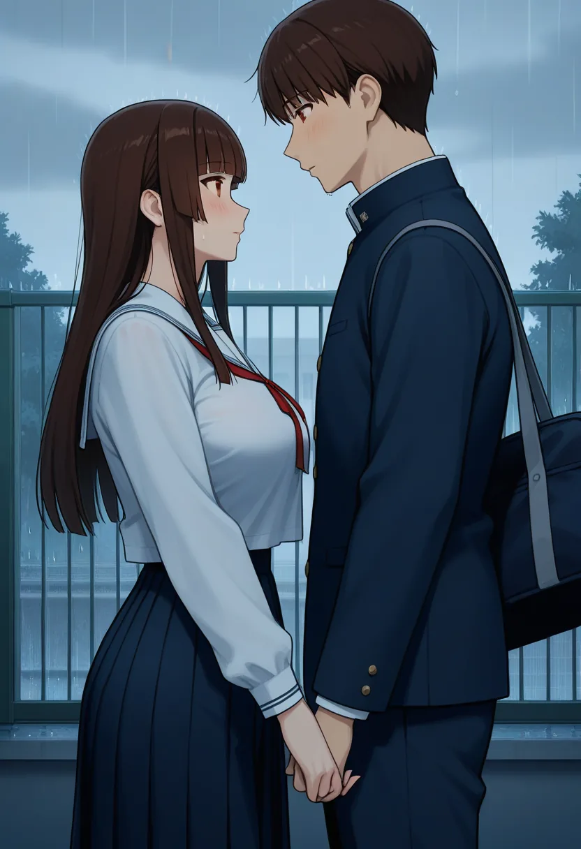 Story 37: Rooftop Rain Starting — panel 2 — sheltering together