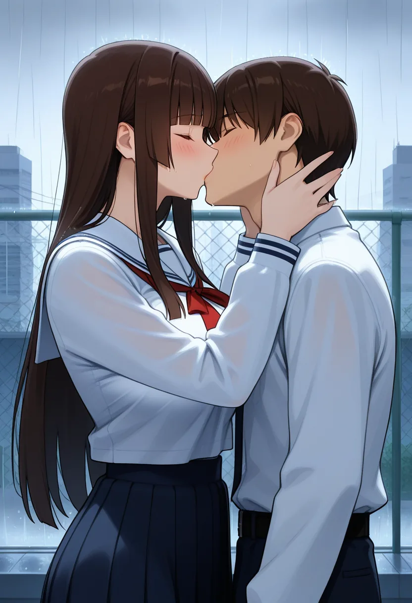 Story 37: Rooftop Rain Starting — panel 3 — tentative kiss