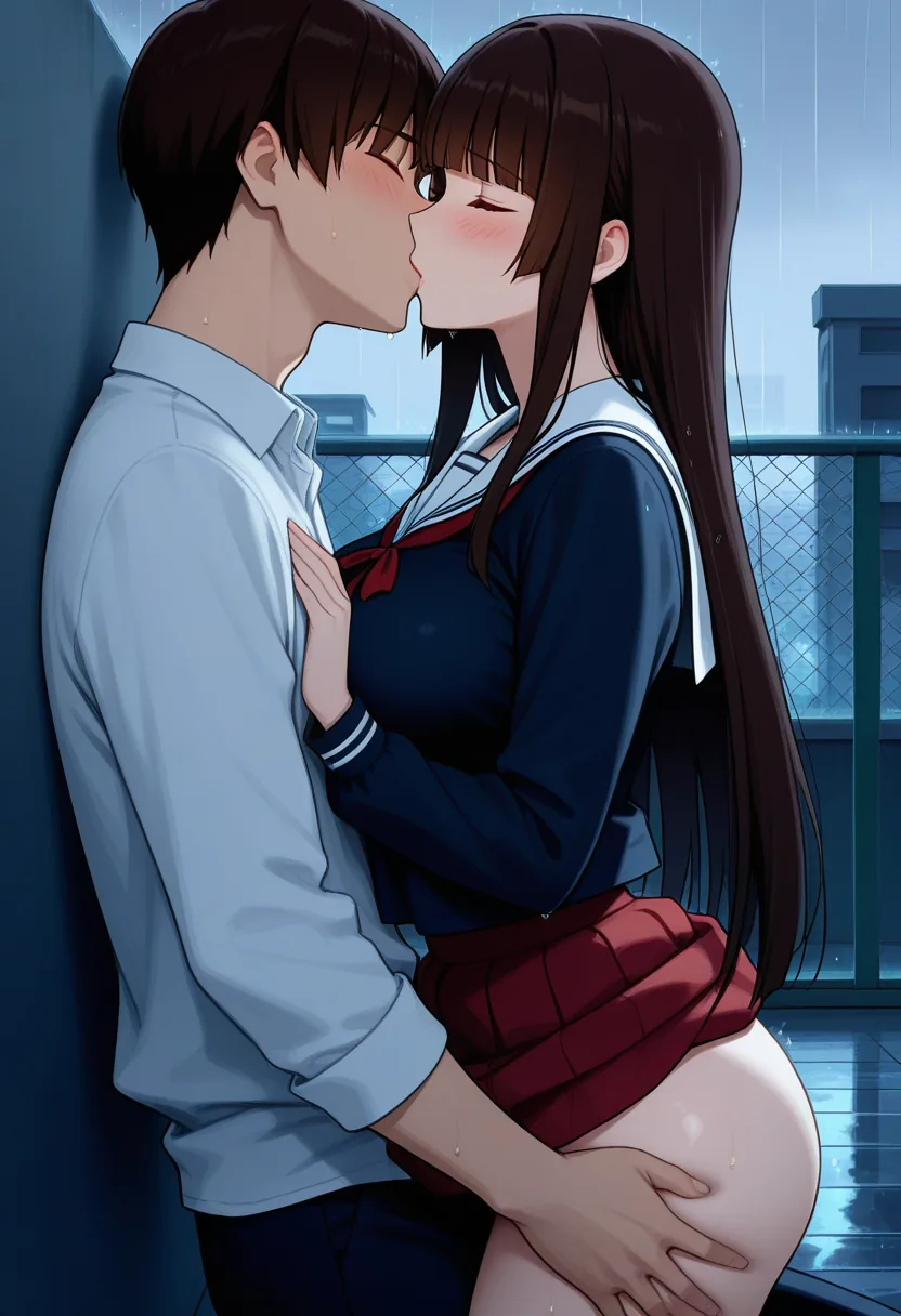 Story 40: Sudden Downpour On Rooftop — panel 3 — hesitant touch through uniform