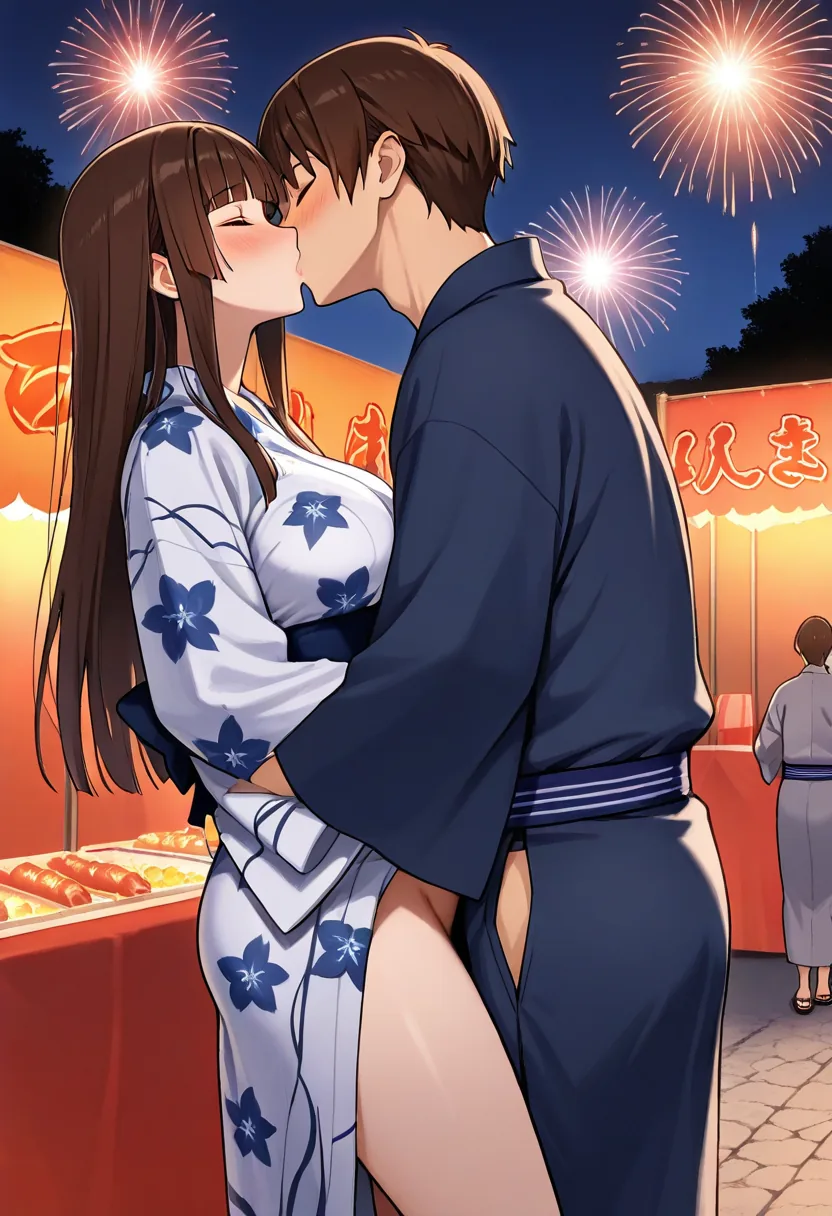 Story 41: Crowded Summer Festival — panel 3 — tentative kiss under stars