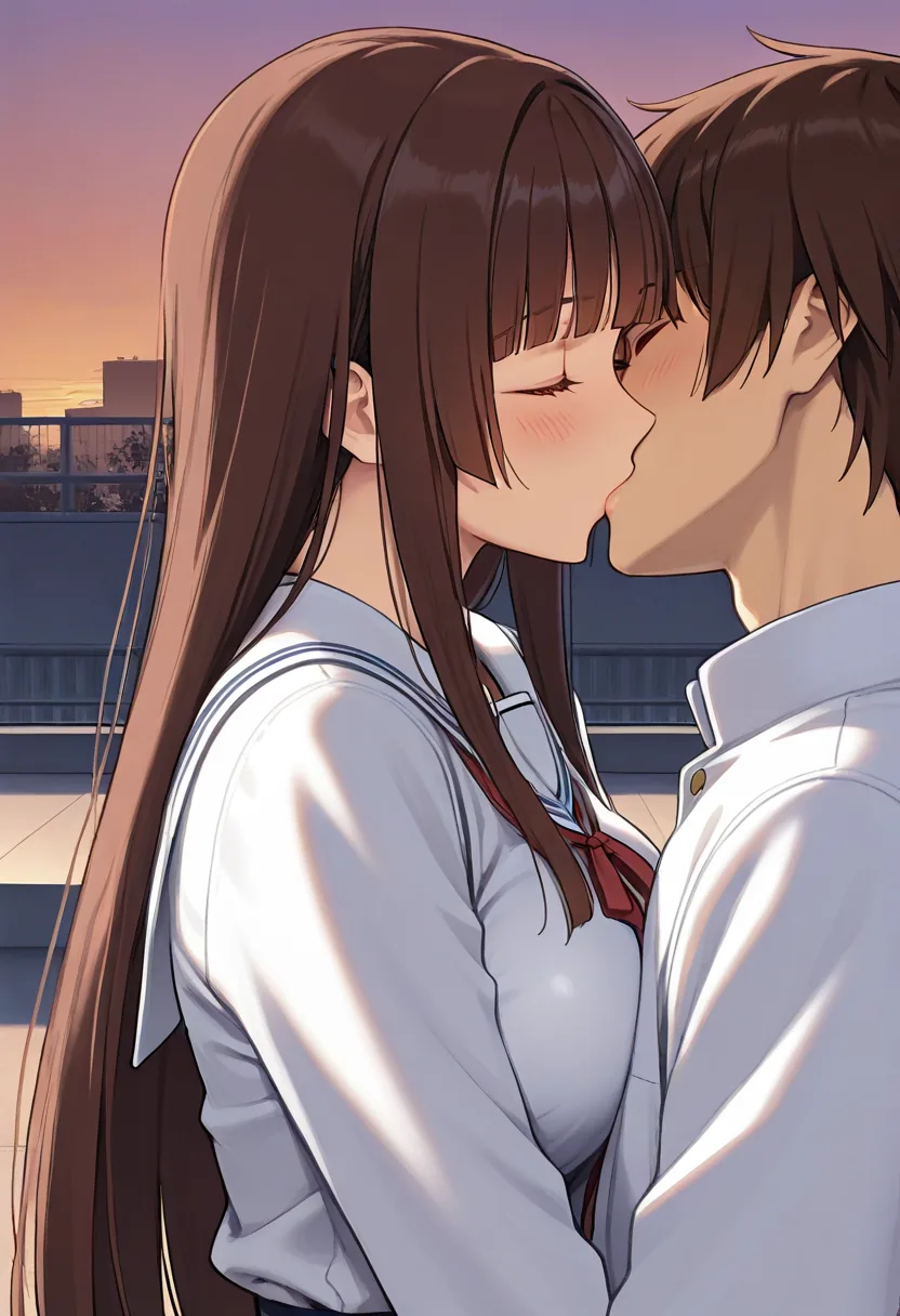 Story 43: Rooftop Evening — panel 3 — first kiss