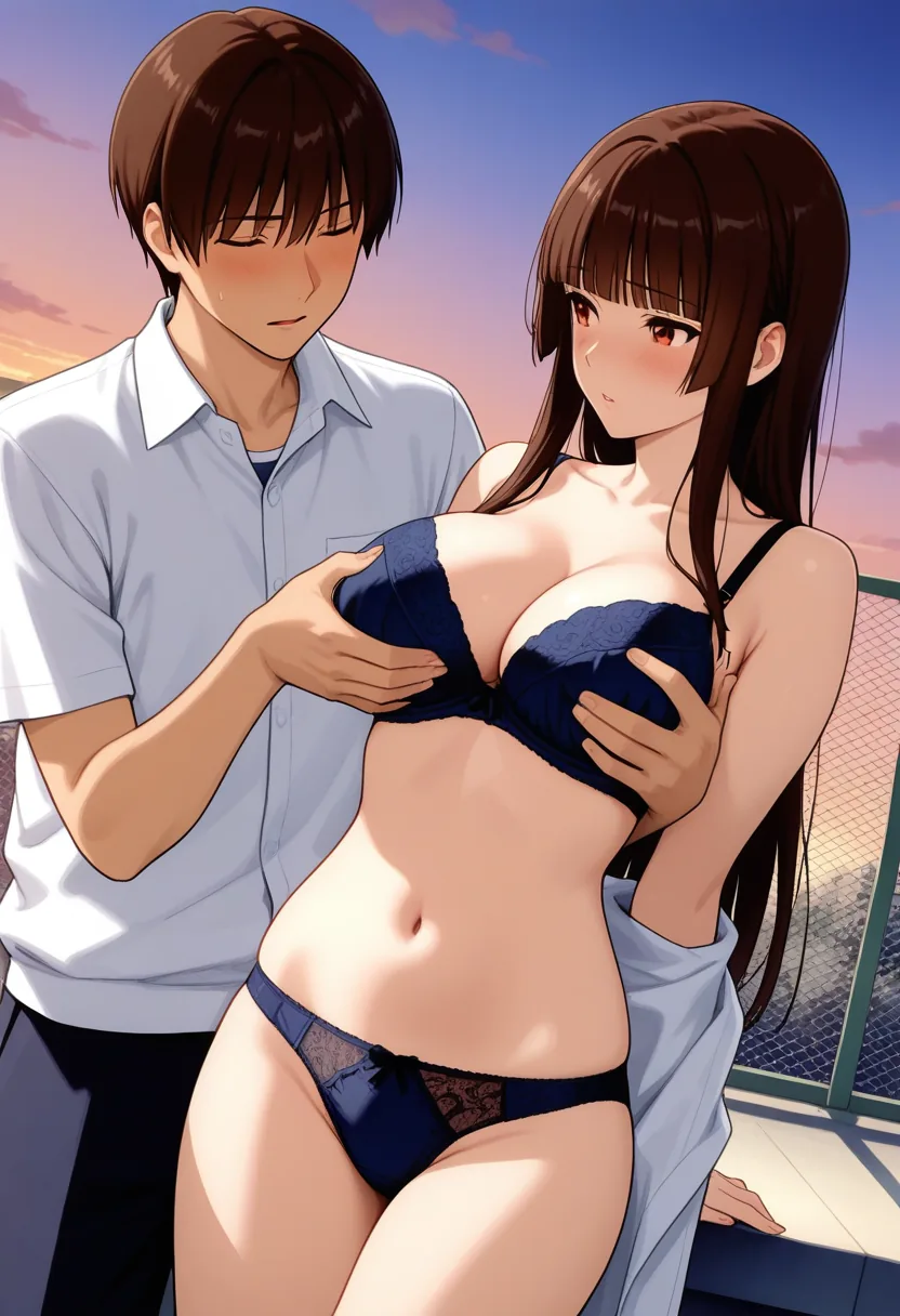Story 43: Rooftop Evening — panel 4 — undressing passion