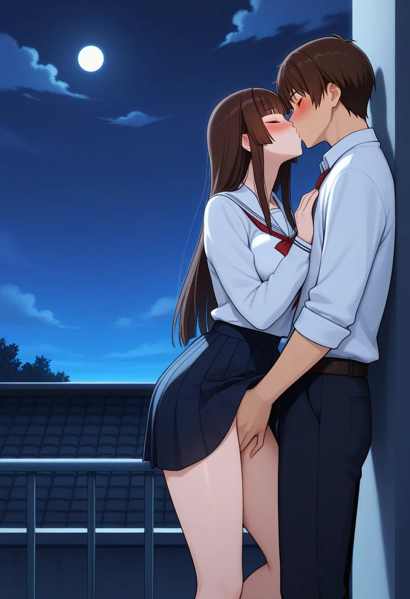 Story 54: Rooftop Study Session — panel 4 — partial undress tentative
