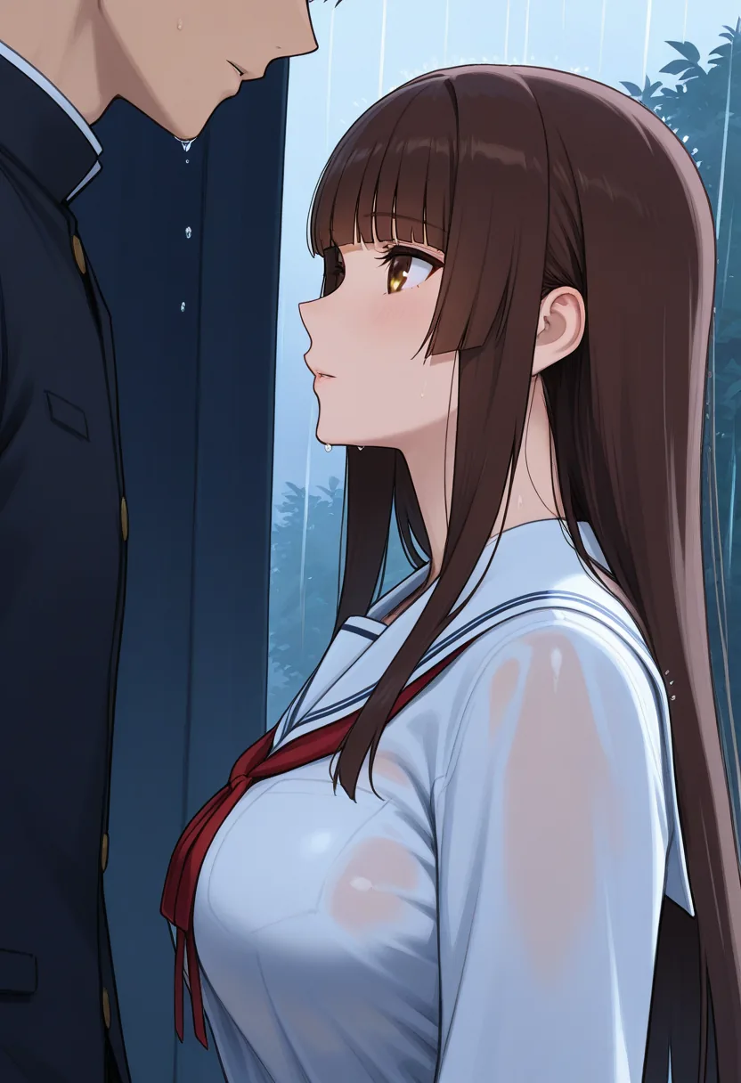 Story 55: Sudden Rain — panel 2 — sharing shelter