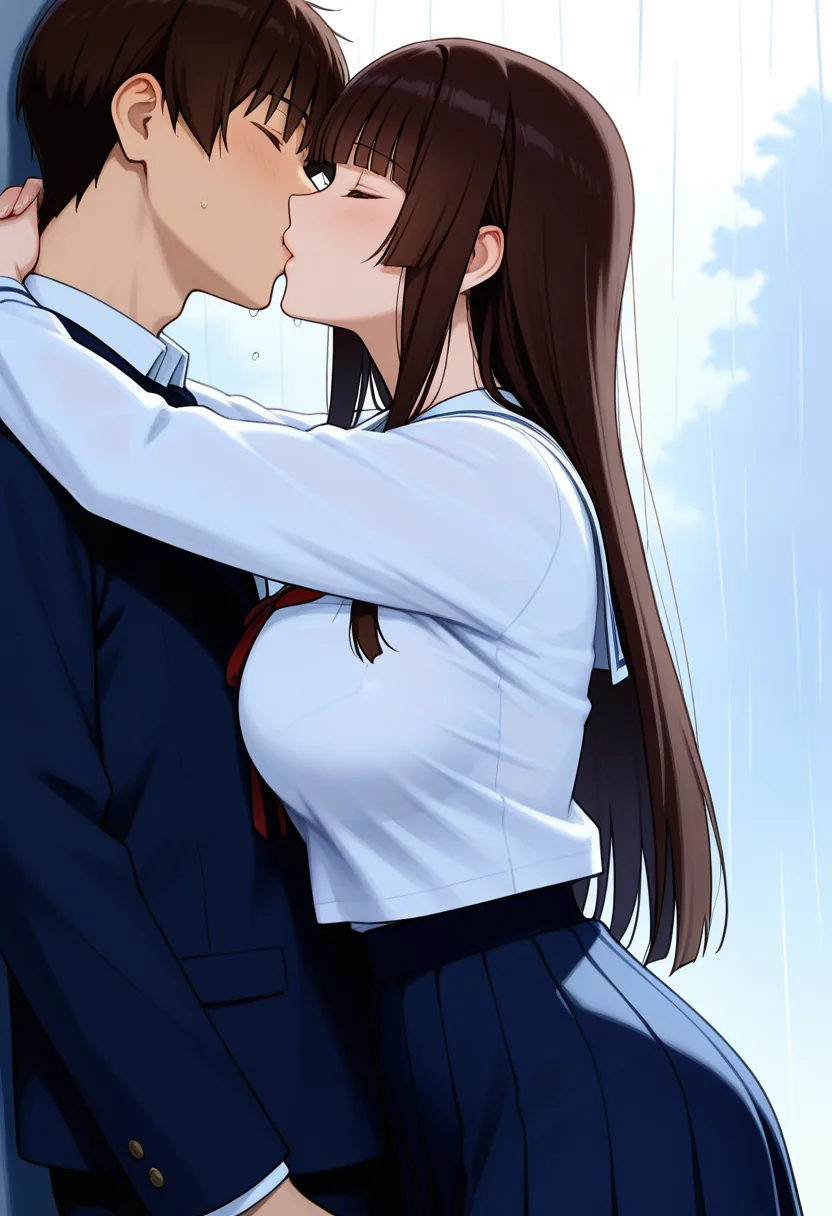 Story 55: Sudden Rain — panel 4 — first kiss under rain