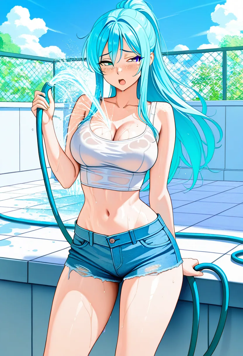 Story 12: Rooftop Watering — panel 2 — hose sprays