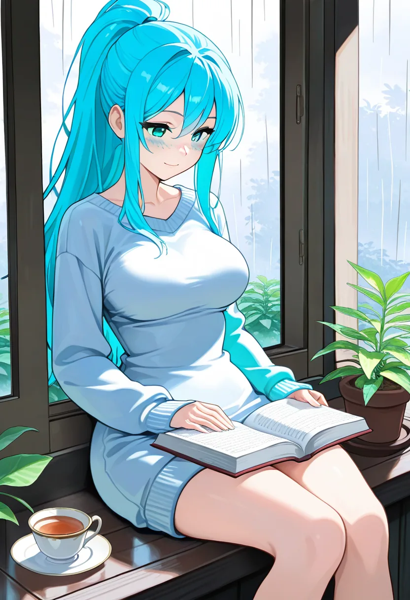 Story 21: Watching Rain — panel 2 — tea and book