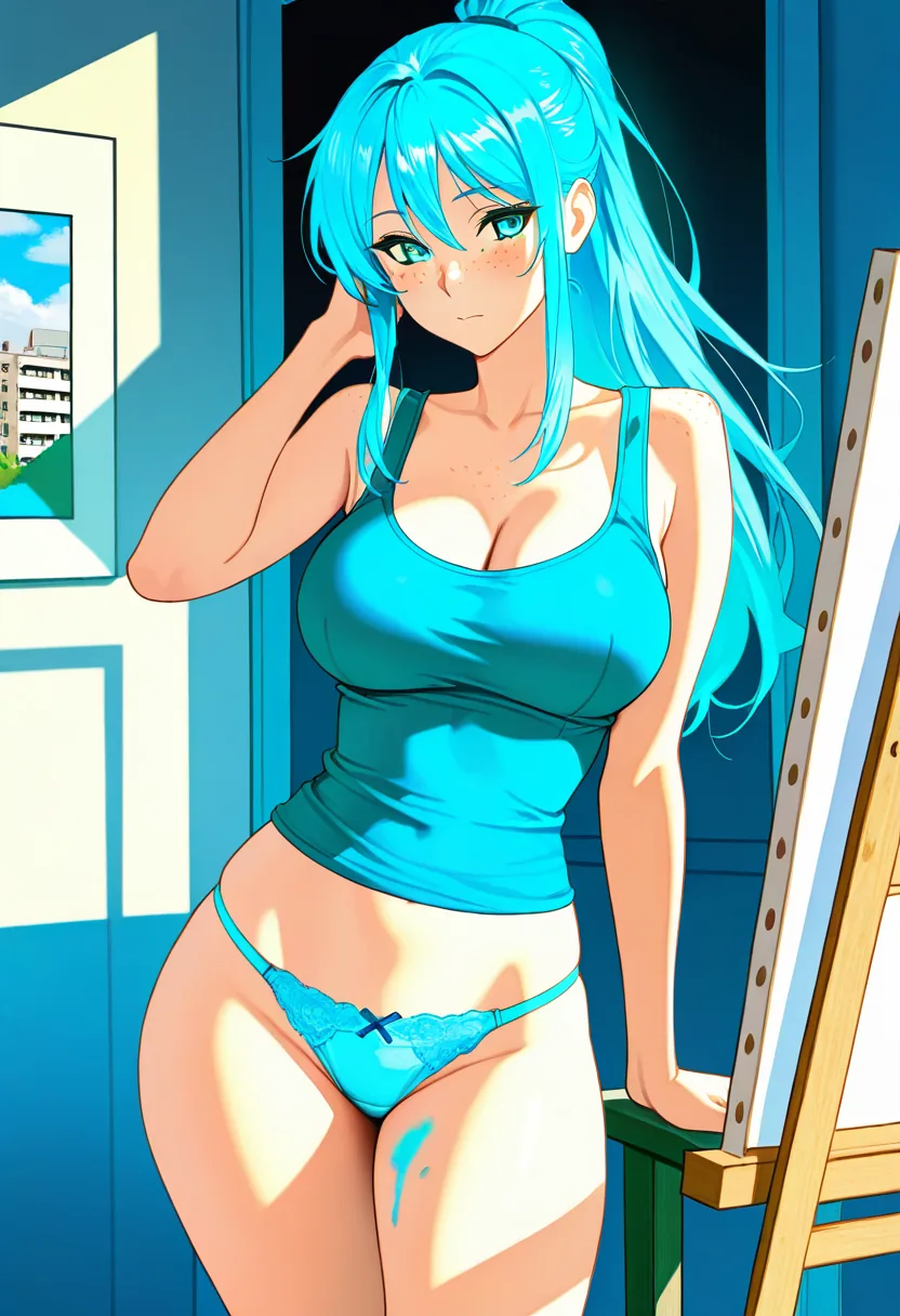 Story 26: Painting Setup — panel 4 — painting in underwear