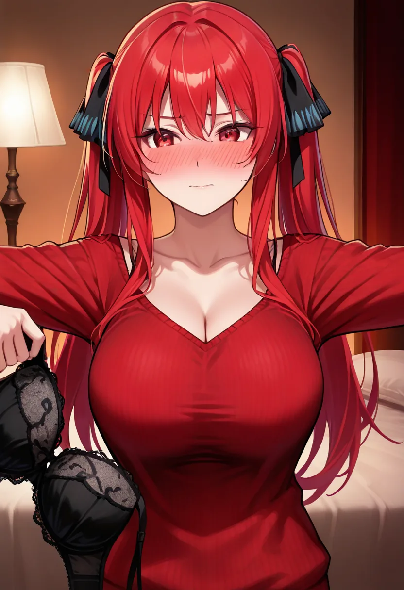 Story 9: Bag On Bed — panel 2 — holding up lingerie