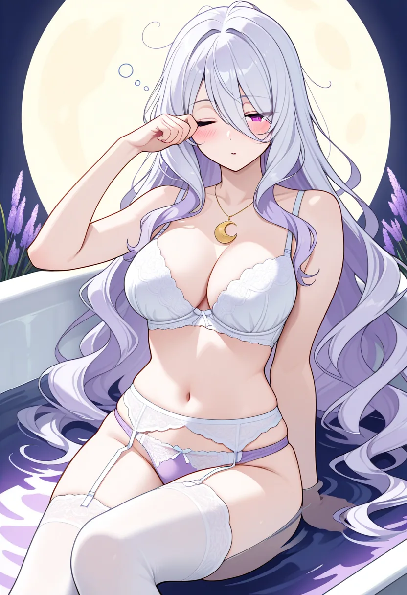 Story 86: Moonlit Bath Clothed — panel 4 — thighhighs off