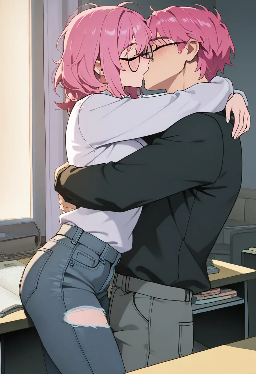 Story 30: Sleepy Morning Desk Clothed — panel 4 — kissing suggestive