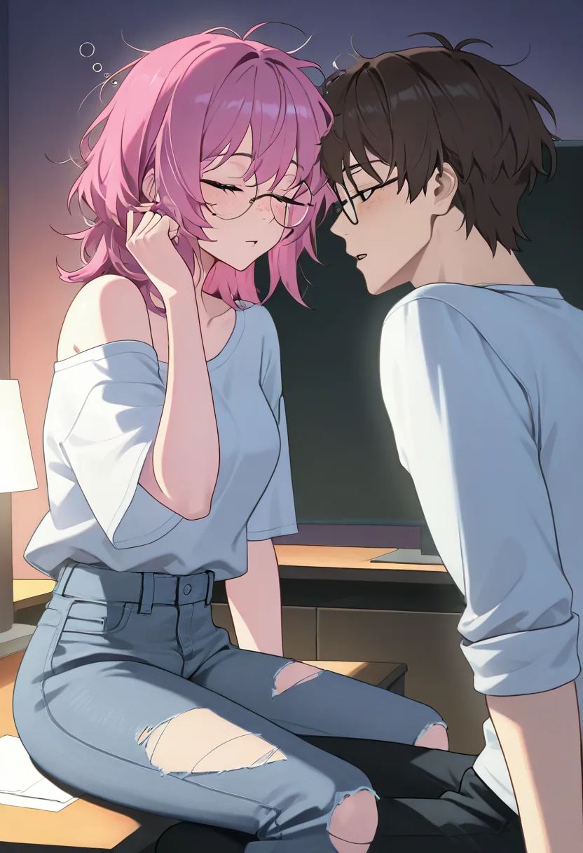 Story 30: Sleepy Morning Desk Clothed — panel 5 — removing shirt suggestive