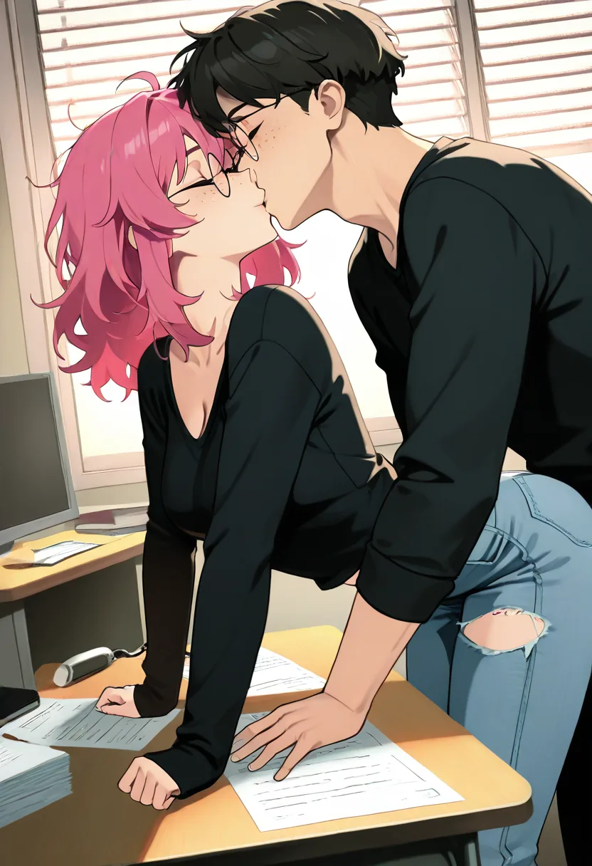 Story 42: Sleepy At Desk — panel 4 — passionate kissing bent over desk