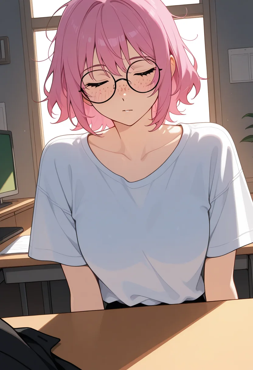 Story 80: Sleepy Morning Desk — panel 3 — gentle undressing