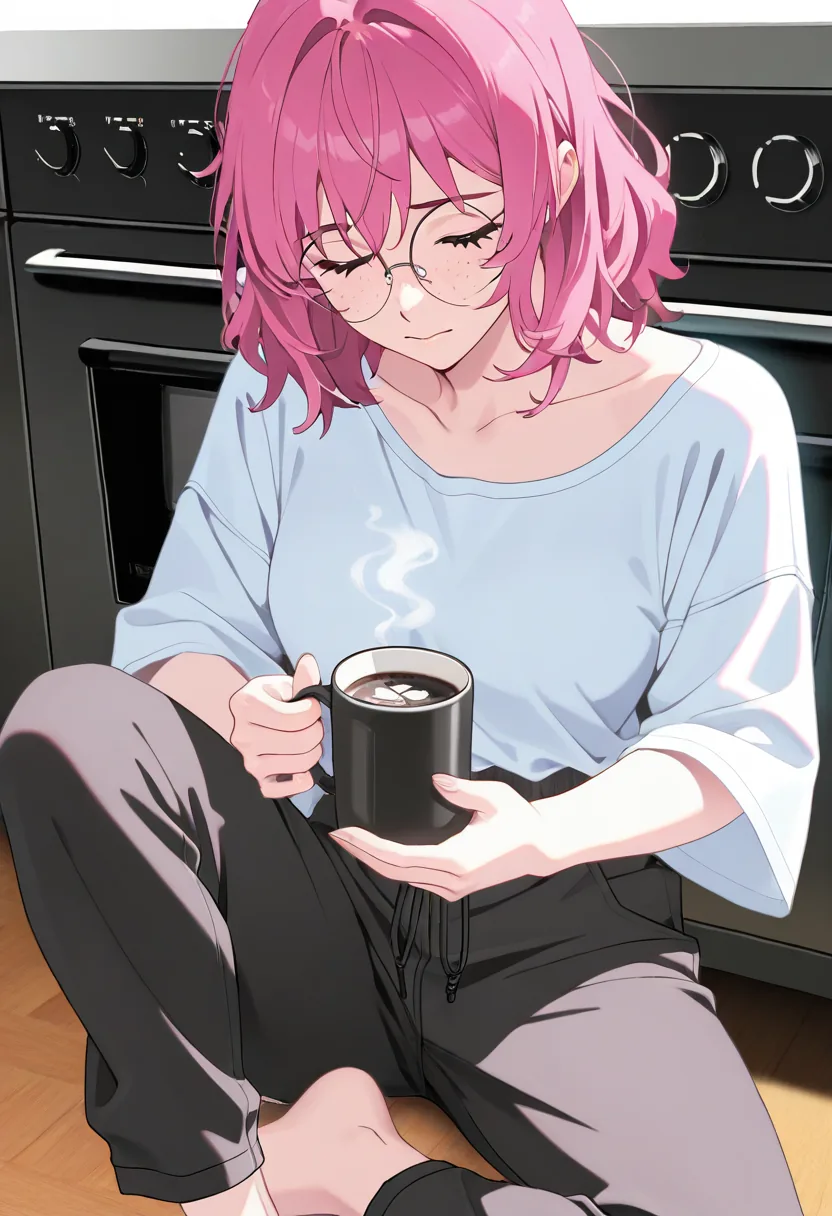 Story 86: Sleepy Morning Kitchen Messy Hair — panel 3 — pajama pants removed