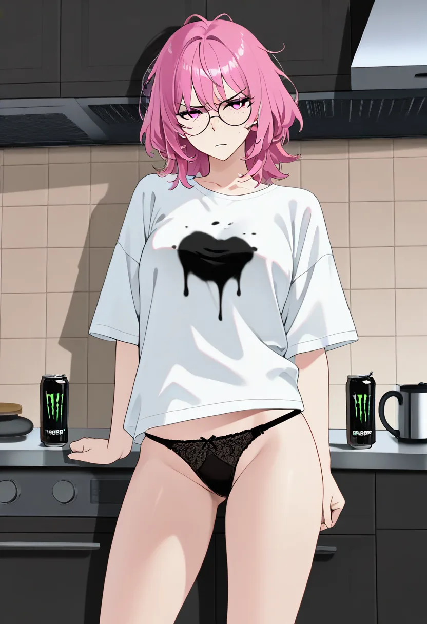 Story 86: Sleepy Morning Kitchen Messy Hair — panel 4 — tee getting sticky