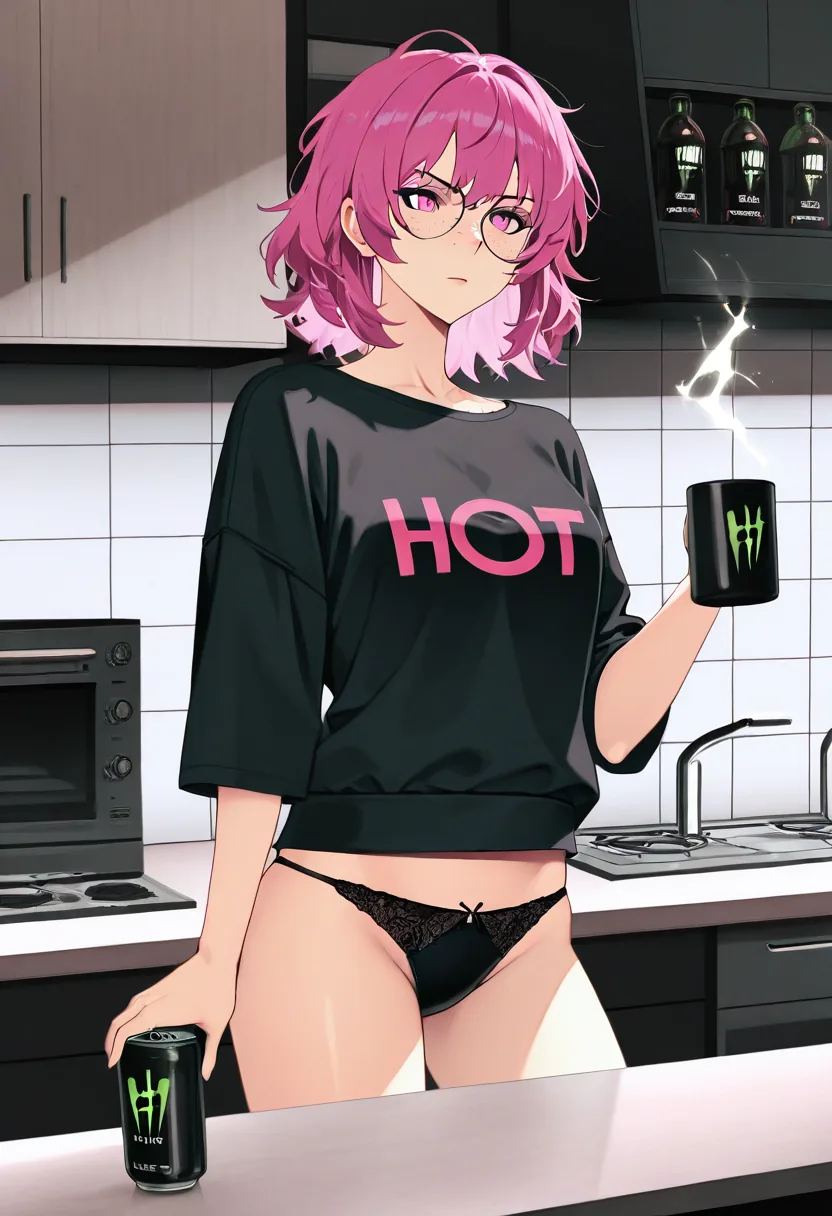 Story 86: Sleepy Morning Kitchen Messy Hair — panel 5 — removing band tee