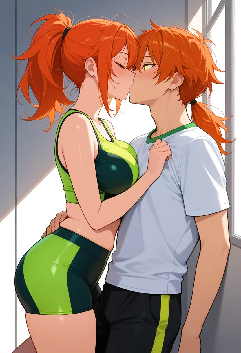Story 4: Warming Up On Treadmill — panel 5 — Nova and boy kissing behind equipment