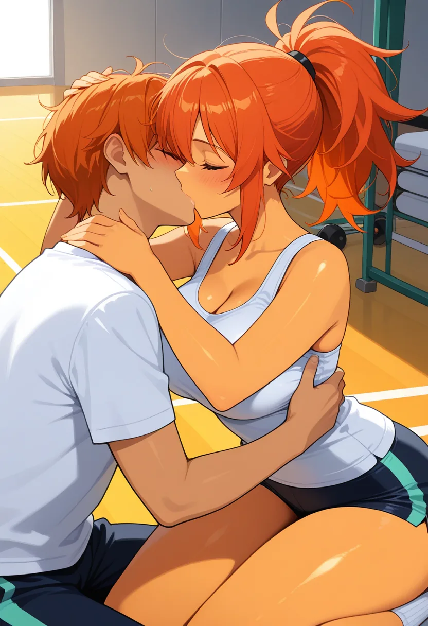 Story 8: Working Out Energetically — panel 4 — couple kissing against equipment