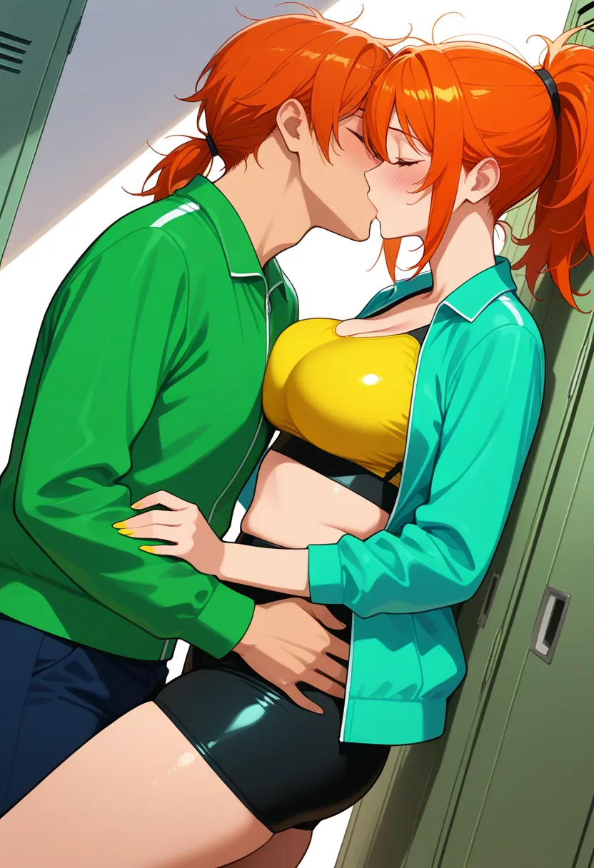 Story 16: Working Out Intensely — panel 5 — kissing against locker