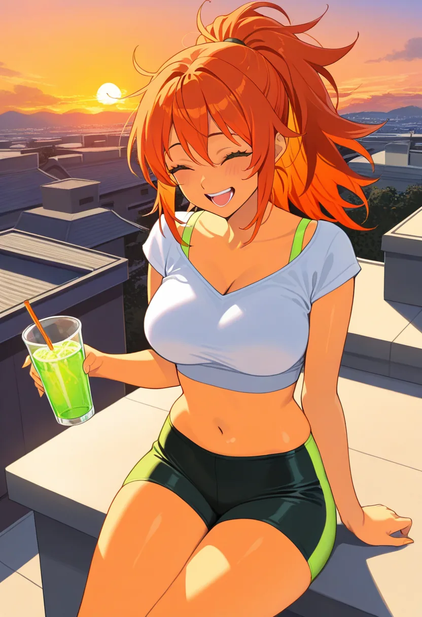 Story 17: On Rooftop Watching Sunset — panel 3 — sharing a drink and laughing
