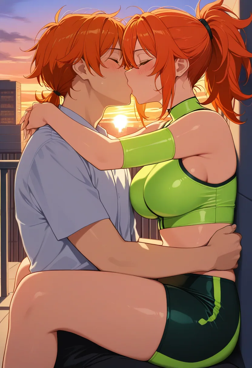 Story 17: On Rooftop Watching Sunset — panel 5 — passionate kiss with sunset background