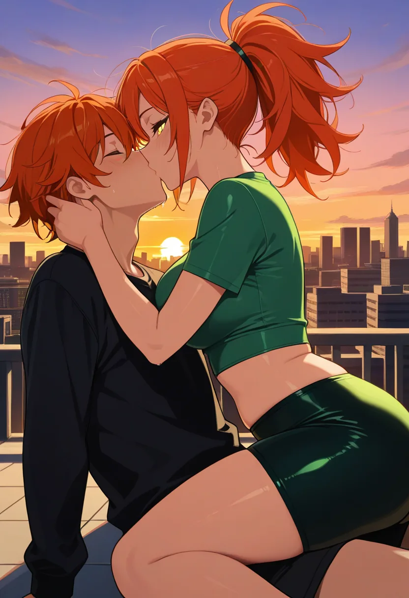 Story 34: Rooftop Workout Cool Down — panel 2 — rooftop kiss