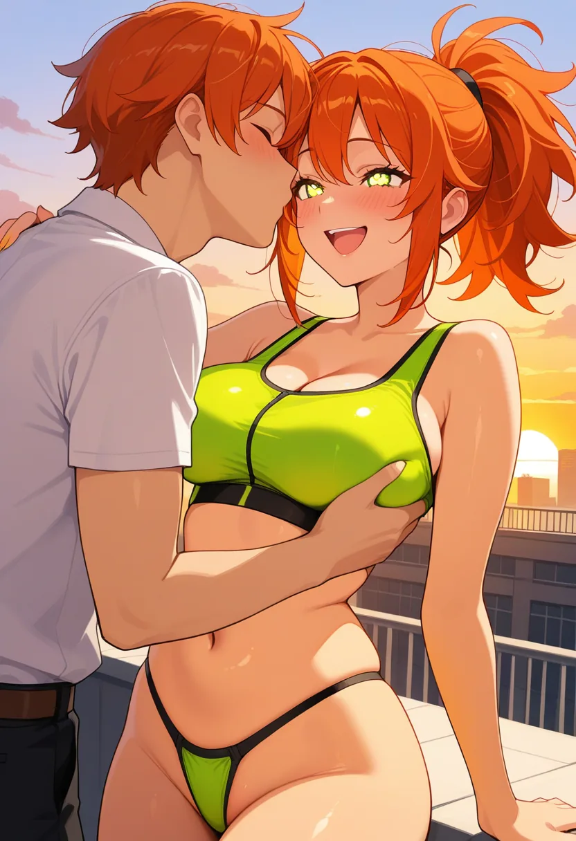 Story 40: Rooftop Gym Sunset Workout — panel 2 — escalating kiss