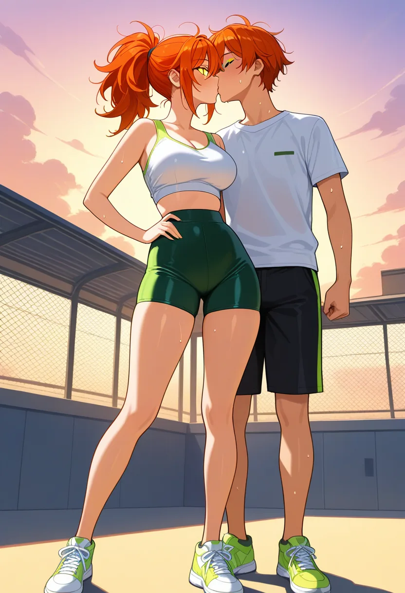 Story 40: Rooftop Gym Sunset Workout — panel 2 — rooftop gym sunset partner approach
