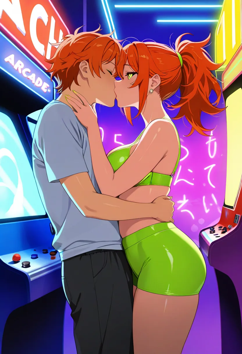 Story 50: Arcade Clothed Flirting — panel 3 — arcade suggestive kissing