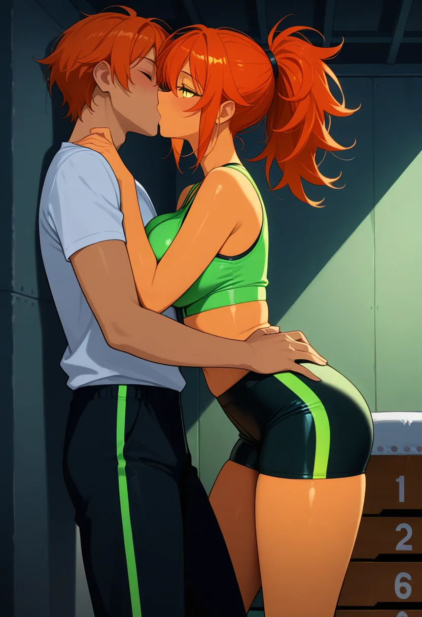 Story 66: Gym Woman Sweating Lifting Weights — panel 4 — gym couple suggestive in storage room