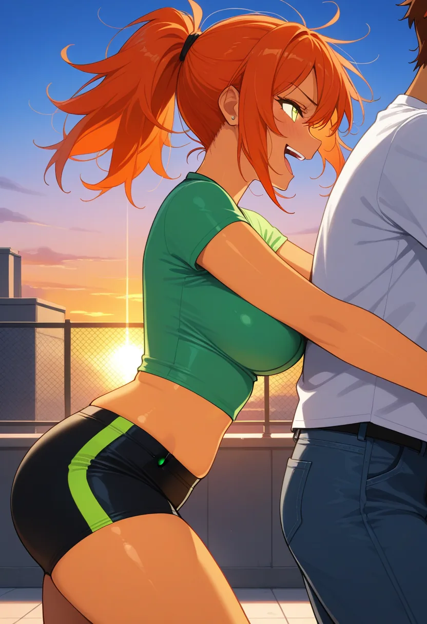 Story 69: Flexing On Rooftop — panel 3 — playful spar