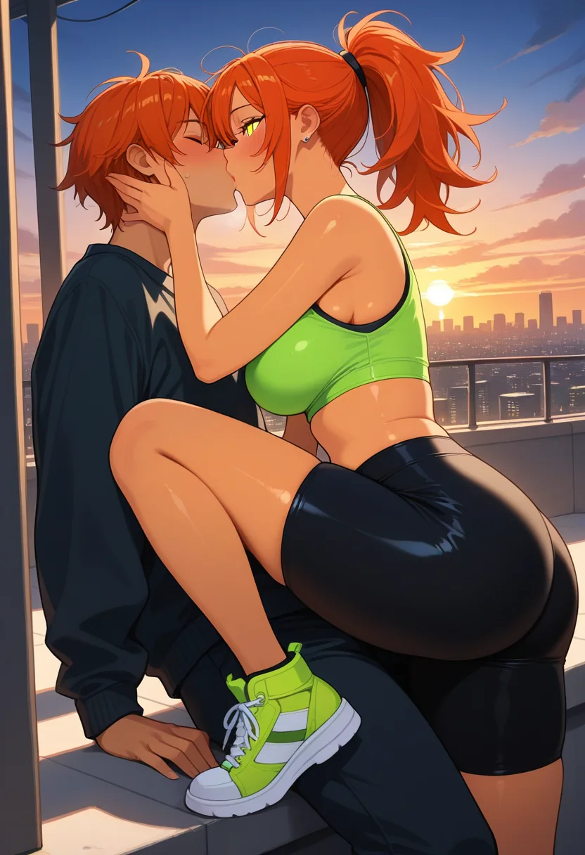 Story 73: Rooftop Sunset Looking Out — panel 3 — rooftop sunset first kiss