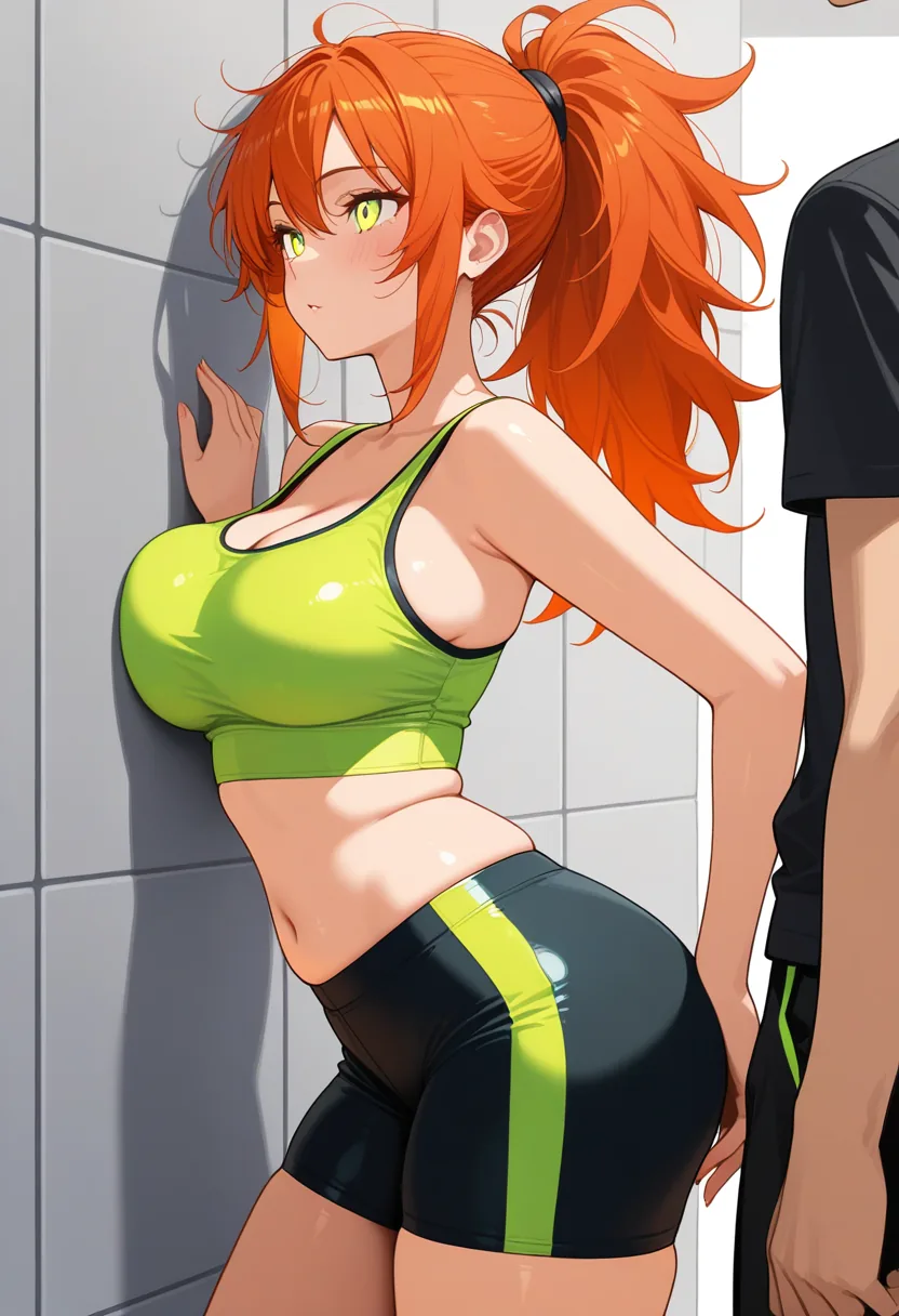 Story 78: Couple Stretching Gym — panel 2 — couple leaning against wall