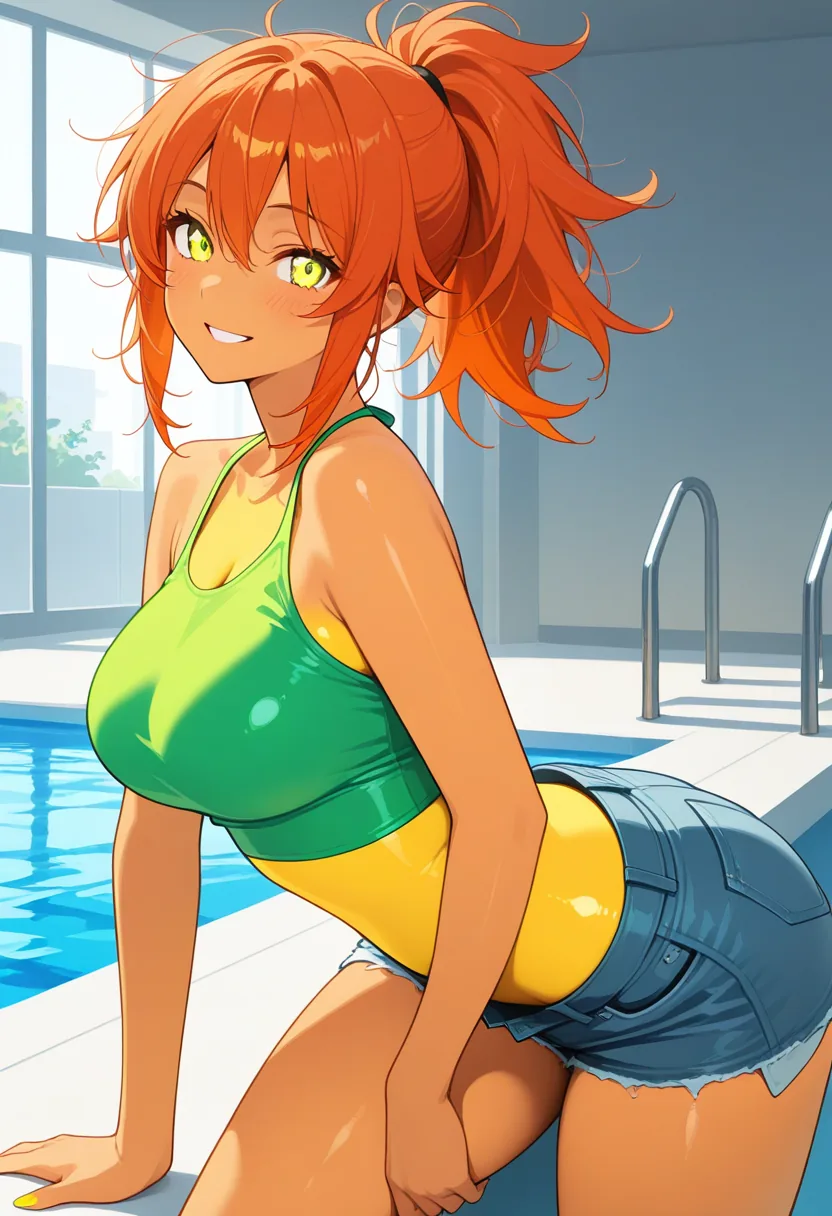 Story 86: Laughing By Pool — panel 3 — nova pulling off shorts