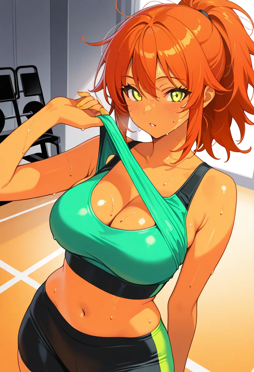 Story 90: Sweaty Gym Session — panel 2 — peeling off crop top