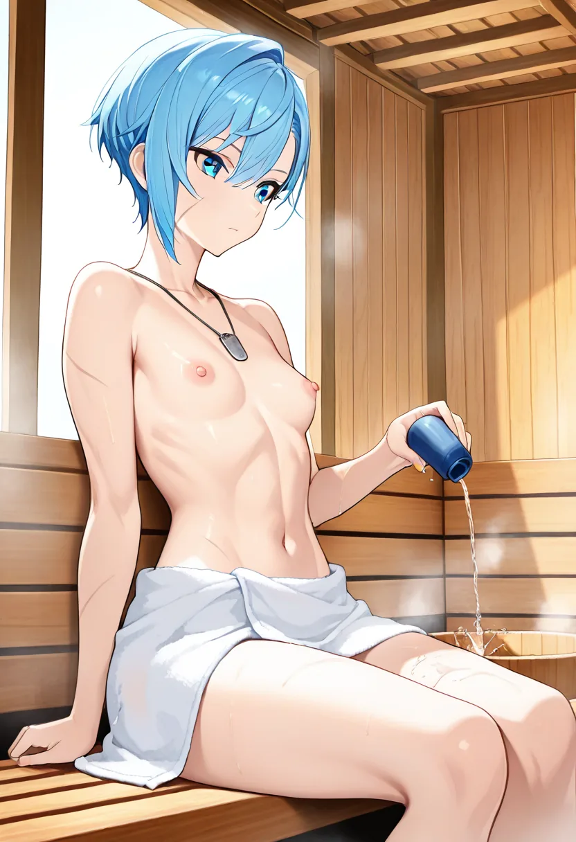 Story 8: Entering Sauna — panel 2 — sitting towel