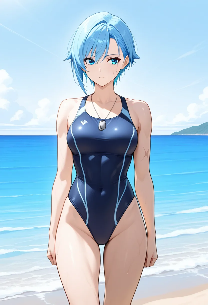 Story 34: Holding Swimsuit — panel 5 — beach standing